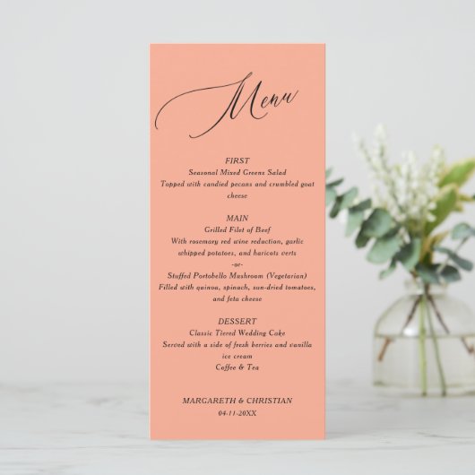 Elegant Minimalist Peach Wedding Menu (Staand voorkant)