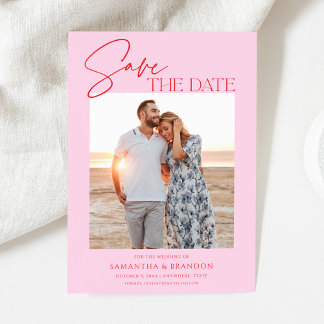 Elegant Minimalist Pink Red Photo Save The Date