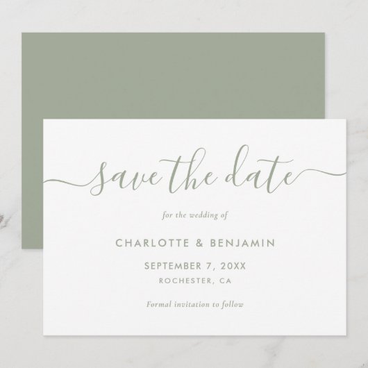 Elegant minimalist Sage Green Wedding Save The Date (Voorkant / Achterkant)