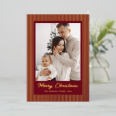 Elegant Minimalist Striped Red Gold Christmas Folie Feestdagenkaart (Staand Voorkant)