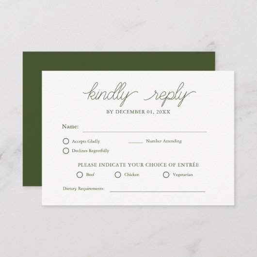 Elégant minimaliste Olive Green Wedding RSVP (Devant / Derrière)