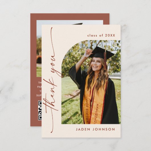 Elegant minimalistisch Afstuderen 2 foto QR code Bedankkaart (Voorkant / Achterkant)