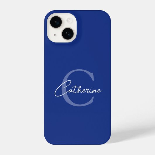 Elegant minimalistisch blauw script monogram iPhone hoesje (Achterkant)