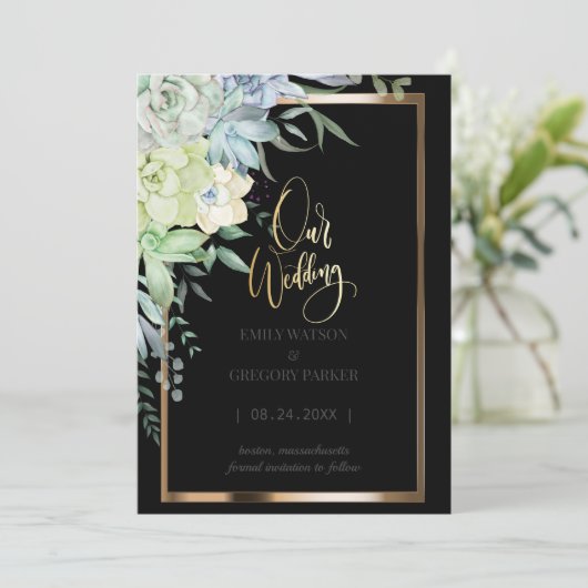 Elegant minimalistisch bloemengoud save the date (Staand voorkant)