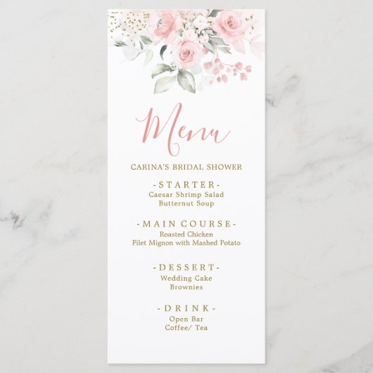 Elegant minimalistisch blush roze bloemig Baby sho Menu (Voorkant)