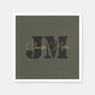 Elegant minimalistisch donker olijf monogram ontwe servet