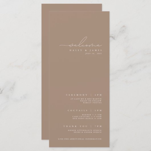 Elegant minimalistisch donker Taupe Wedding Progra Menu (Voorkant / Achterkant)