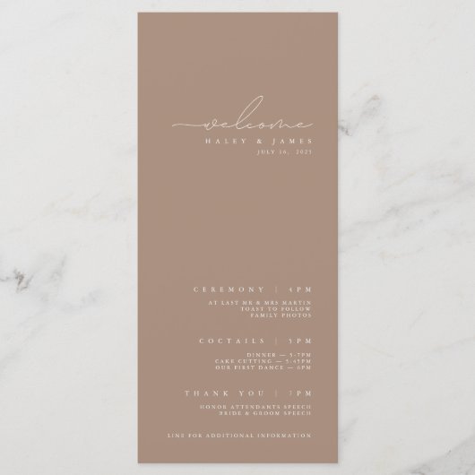 Elegant minimalistisch donker Taupe Wedding Progra Menu (Voorkant)