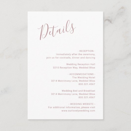 Elegant minimalistisch eenvoudig roze Roos bruilof Informatiekaartje (Voorkant)