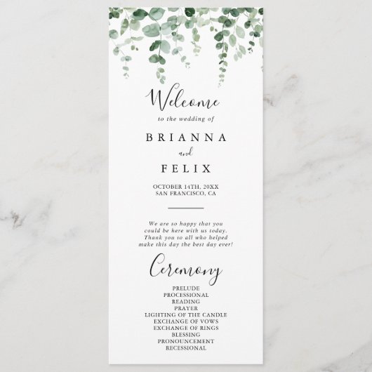 Elegant minimalistisch eucalyptus bruiloft program programma (Voorkant)
