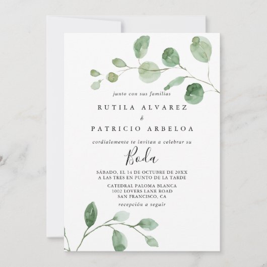 Elegant minimalistisch Eucalyptus Spaans huwelijk Kaart (Voorkant)