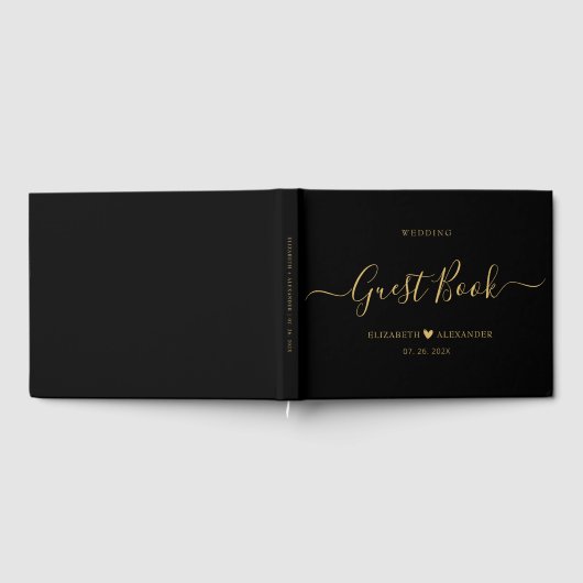 Elegant Minimalistisch Goud Script Zwart Bruiloft Gastenboek (Volledig)
