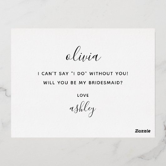 Elegant minimalistisch gouden script bruidsmeisje  folie uitnodiging briefkaart (Achterkant)