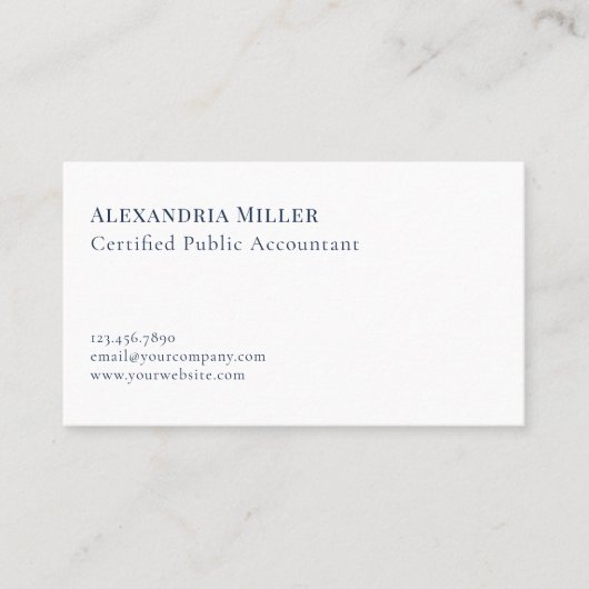 Elegant minimalistisch marineblauw en wit visitekaartje (Voorkant)