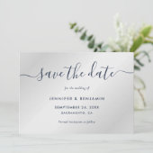 Elegant minimalistisch marineblauw en zilver huwel save the date (Staand voorkant)