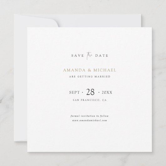 Elegant minimalistisch modern goudhuwelijk save the date (Achterkant)