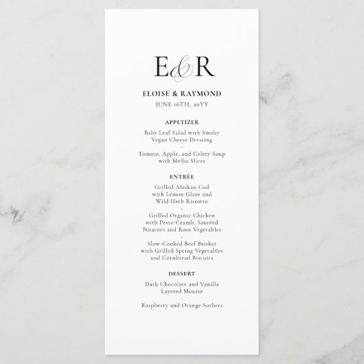 Elegant minimalistisch monogram wit bruiloft menu (Voorkant)