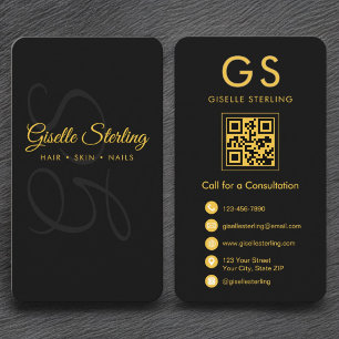 Elegant minimalistisch monogram zwart goud QR-code Visitekaartje
