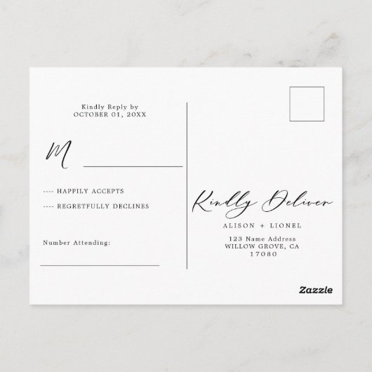 Elegant minimalistisch script bruiloft RSVP Briefkaart (Achterkant)
