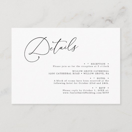Elegant-minimalistisch script legant Wedding detai Informatiekaartje (Voorkant)