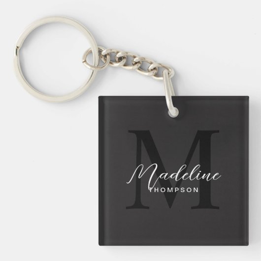 Elegant minimalistisch script zwart monogram sleutelhanger (voorkant)
