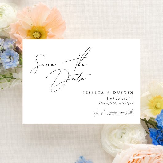 Elegant minimalistisch script zwart-wit save the date