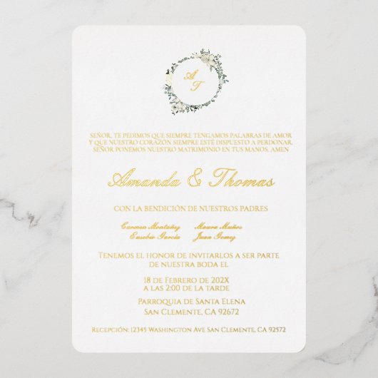Elegant minimalistisch thema Spaanse bruiloft Folie Uitnodiging (Voorkant)