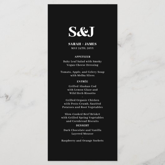 Elegant minimalistisch vet monogram zwart bruiloft menu (Voorkant)