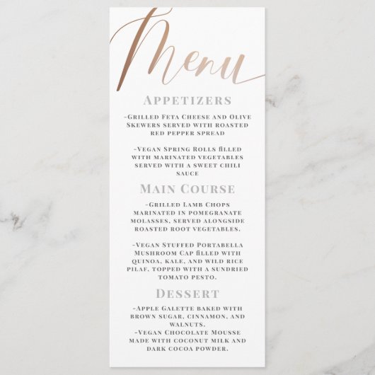 Elegant Minimalistisch Wit Rose Goud Script Bruilo Menu (Voorkant)
