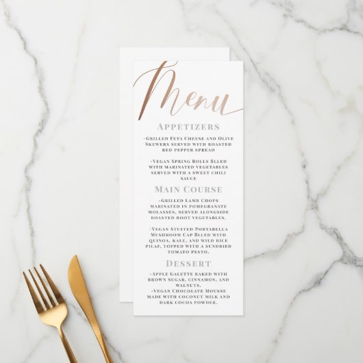 Elegant Minimalistisch Wit Rose Goud Script Bruilo Menu (Voorkant / Achterkant in situ)