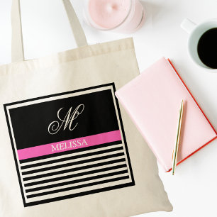Elegant minimalistisch zwart-wit roze lint tote bag