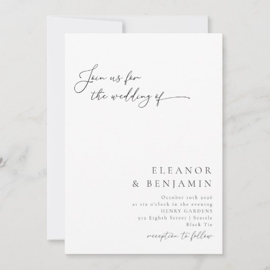 Elegant minimalistisch zwart witscript huwelijk kaart (Voorkant)