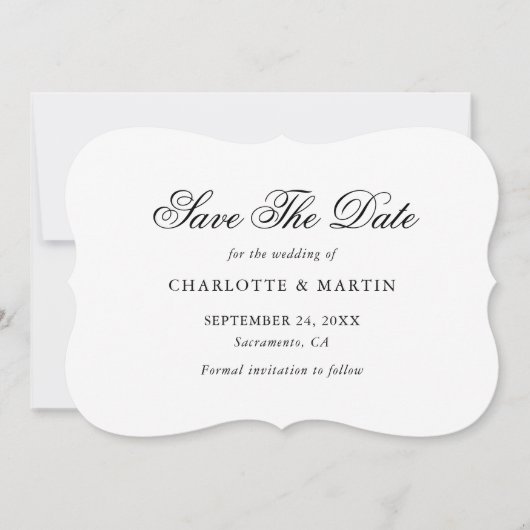 Elegant minimalistisch zwart-witscript huwelijk save the date (Voorkant)