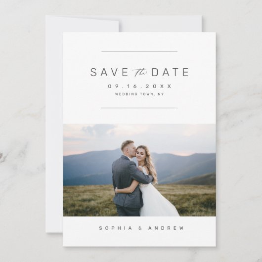 Elegant minimalistische fotobruiloft bespaart datu save the date (Voorkant)
