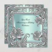 Elegant Mint Blue Silver Floral Party Kaart (Voorkant / Achterkant)