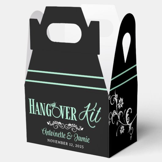 Elegant Mint en Black Wedding Hangover Kit Bedankdoosjes (Geopend)