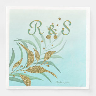 Elegant Mint, Gold Waterverf Foliage Monogram Servet