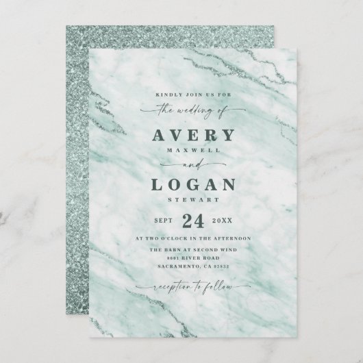 Elegant Mint Green Marble & Glitter Wedding Kaart (Voorkant / Achterkant)