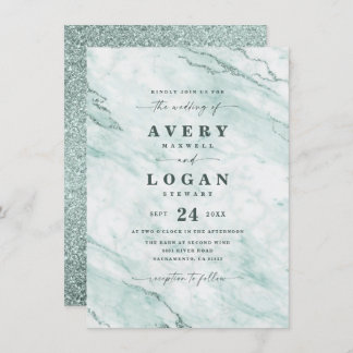 Elegant Mint Green Marble & Glitter Wedding Kaart