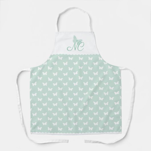 Elegant Mint Green Monogram Vlinderpatroon Schort (Voorkant)