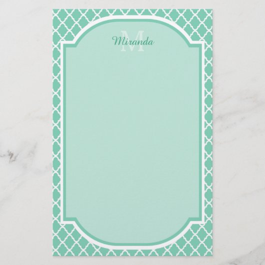Elegant mint Green Quatrefoil Monogram met naam Briefpapier (Voorkant)