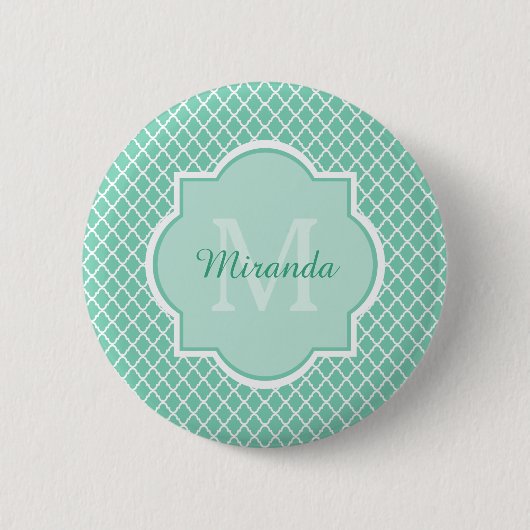 Elegant mint Green Quatrefoil Monogram met naam Ronde Button 5,7 Cm (Voorkant)