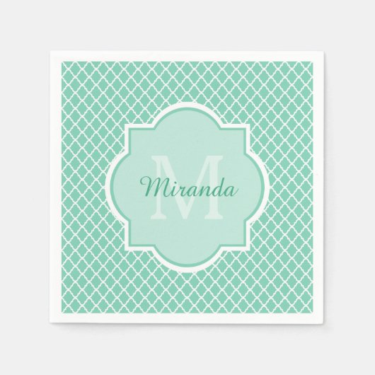Elegant mint Green Quatrefoil Monogram met naam Servetten (Voorkant)