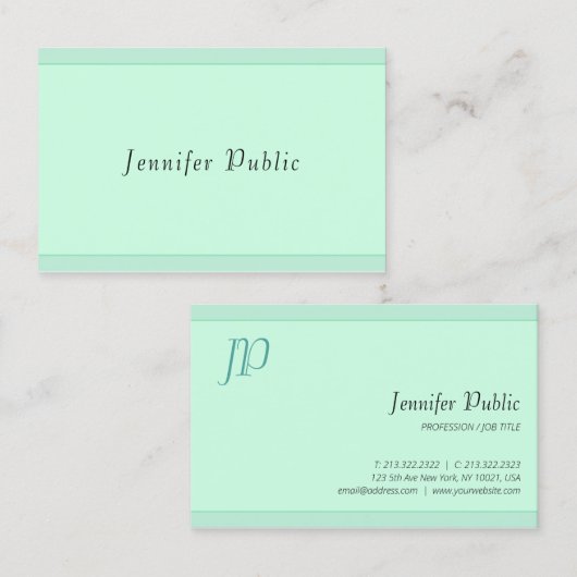Elegant Mint Green Script Monogram Sjabloon Modern Visitekaartje (Voorkant / Achterkant)