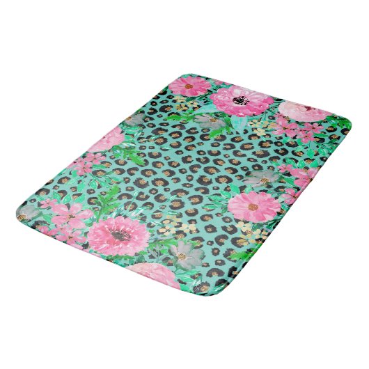 Elegant Mint Leopard Print en Floral Design Badmat (Gekanteld)