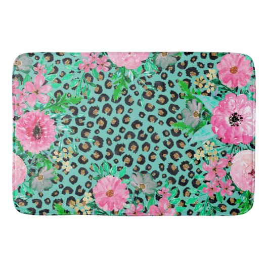 Elegant Mint Leopard Print en Floral Design Badmat (Voorkant)