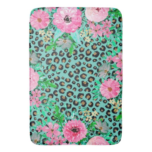 Elegant Mint Leopard Print en Floral Design Badmat (Voorkant Verticaal)