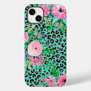 Elegant Mint Leopard Print en Floral Design Case-Mate iPhone 14 Plus Hoesje