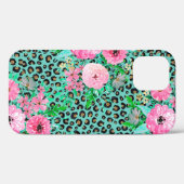 Elegant Mint Leopard Print en Floral Design Case-Mate iPhone Case (Achterkant (horizontaal))