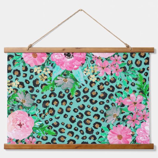 Elegant Mint Leopard Print en Floral Design Hangend Wandkleed (Voorkant)